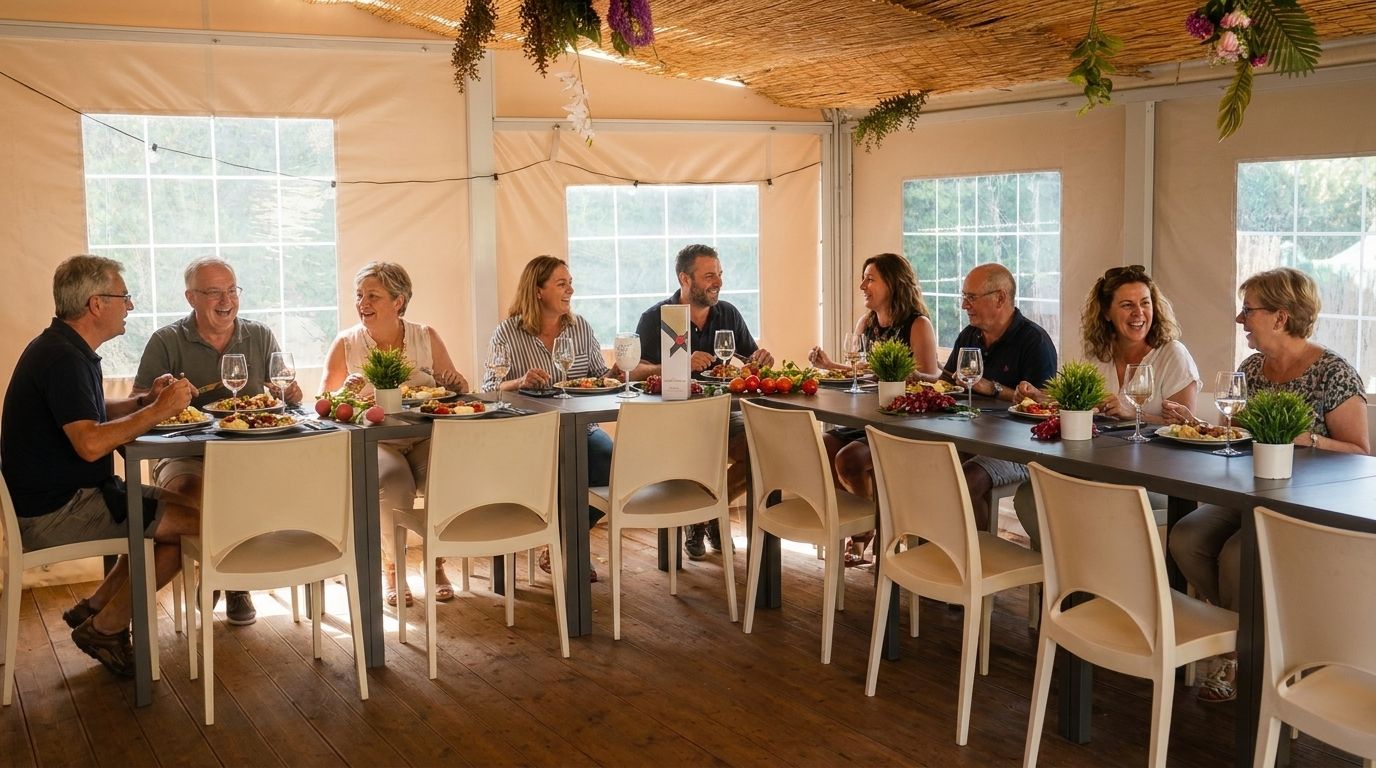 Tavolata apericena con taglieri, drink e ospiti