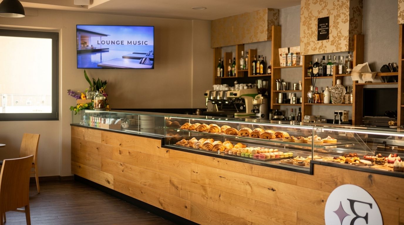 Il banco del Bar Europa con vetrina di cornetti e pasticceria